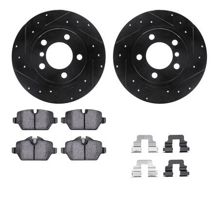 Dynamic Friction Company Rear Brake Rotors Drilled and Slotted Black with 5000 Euro Ceramic Brake Pads includes Hardware - 8612-32012